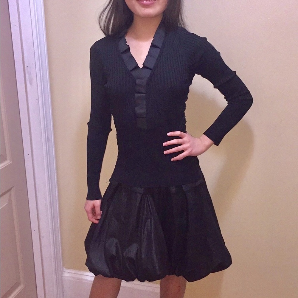 VINTAGE 80s Body Con sz M black dress with leatherette skirt
